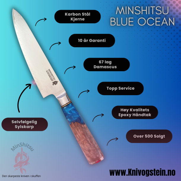 Minshitsu Blue Ocean Kokkekniv 20 cm Damascus Stl