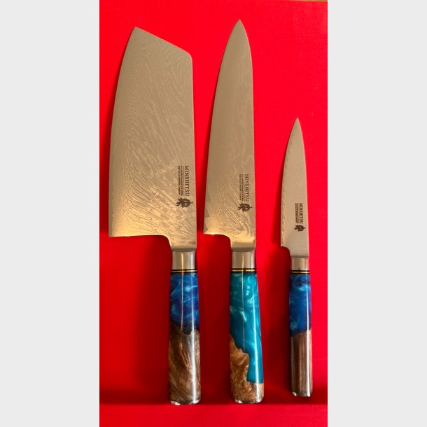 Minshitsu Blue Ocean Kniv Sett 3 (Cleaver + Kokkekniv og Liten) + Lr 