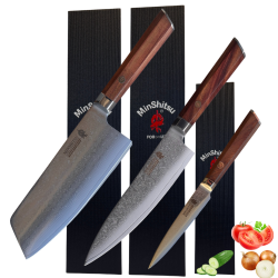Black Week. Gratis Mahogany Fjl  Minshitsu Brown Waves Kniv Sett 3 (Cleaver + Kokkekniv og Liten) 