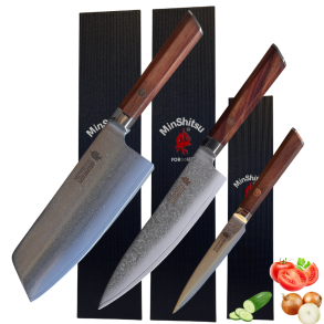 Black Week. Gratis Mahogany Fjl  Minshitsu Brown Waves Kniv Sett 3 (Cleaver + Kokkekniv og Liten) 