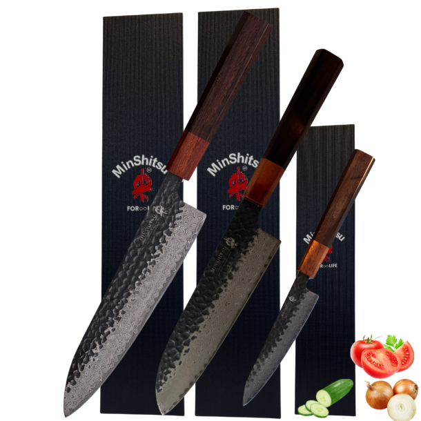 Minshitsu Grey Mountain Kniv Sett 3 (Santoku + Kokke kniv og Liten) +Lr