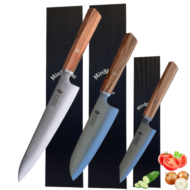 Minshitsu Green Forrest Kniv Sett 3 (Santoku + Kokke kniv og Liten) +Lr