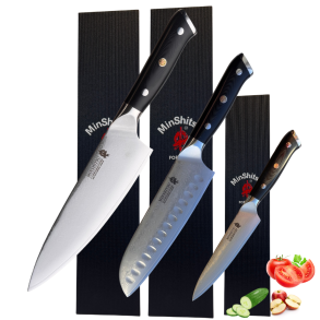Black Week. Gratis Mahogany Fjl - Minshitsu Black Sand Kniv Sett 3 (Santoku + Kokke kniv og Liten)